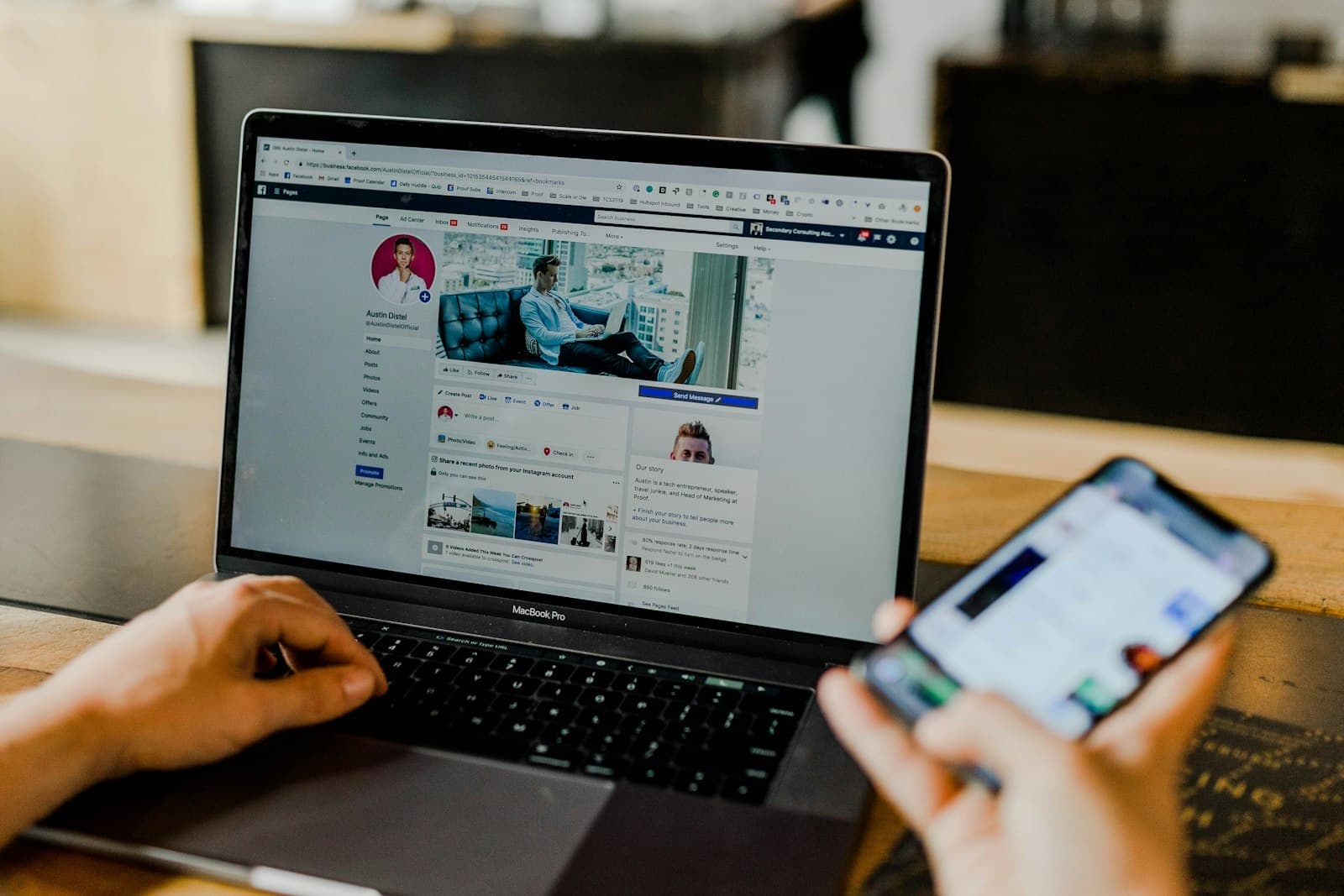 Laptop and smartphone showing a business social page, representing WhatsApp business tools and connected workflows.